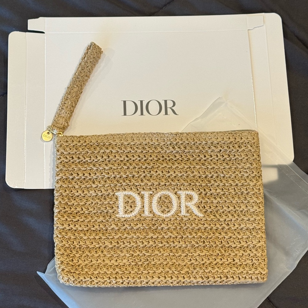 Dior Beauty Beige Raffia Wristlet NIB Dior is embroidered on front lined inside